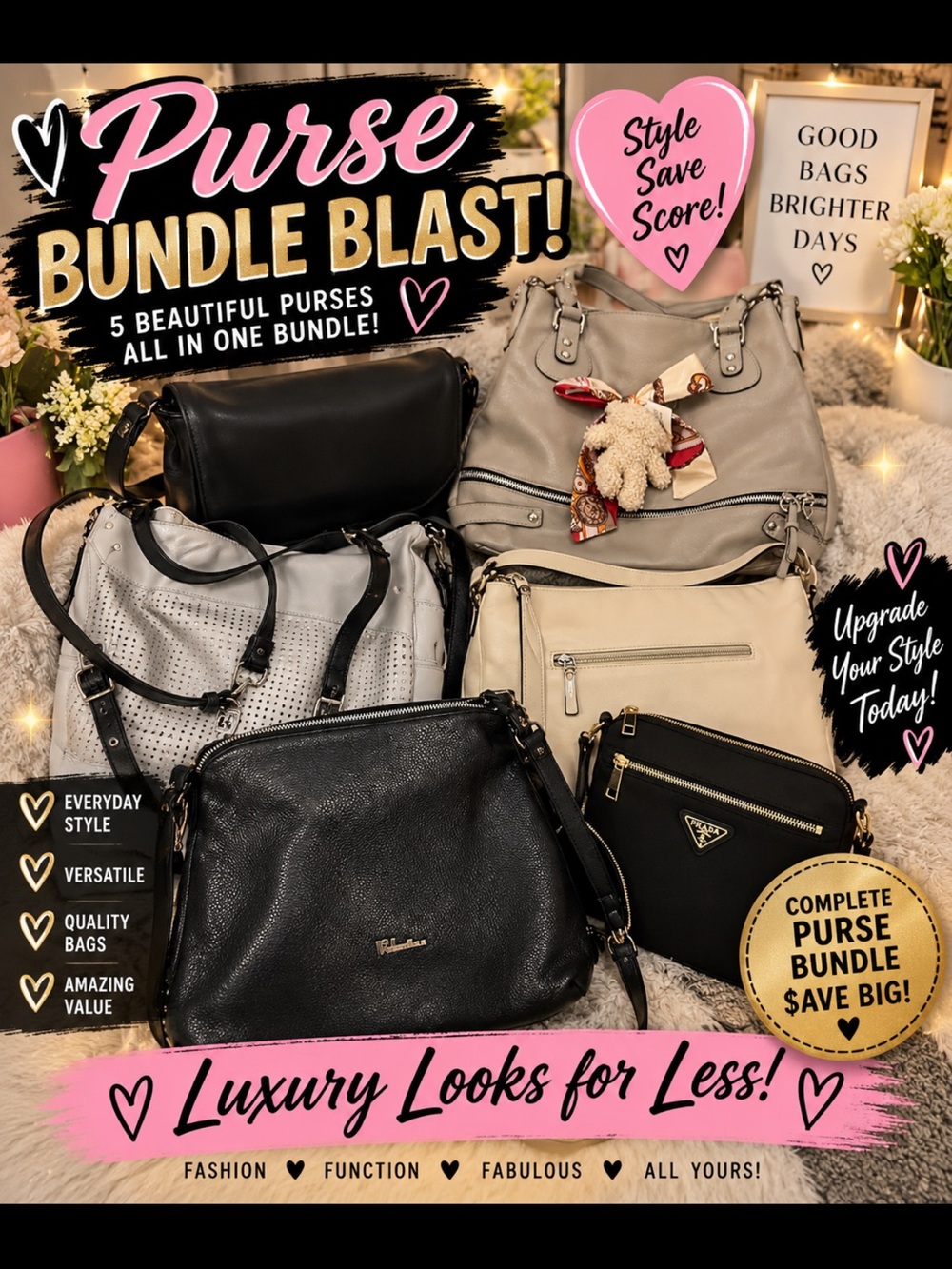 Black & Cream Womenβs Purse Bundle - Versatile Everyday Bags